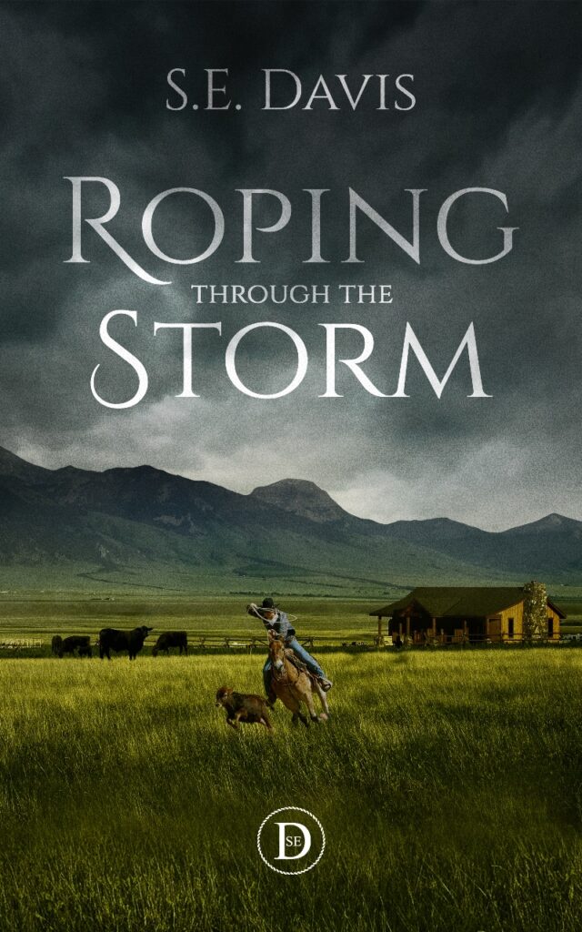 foreground teenager roping a calf, background cattle, ranch house, mountain and dark storm clouds.