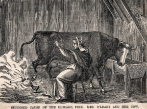 Illustration of Chicago Fire: How it started. Mrs. O'Leary's cow upset an oil lamp.