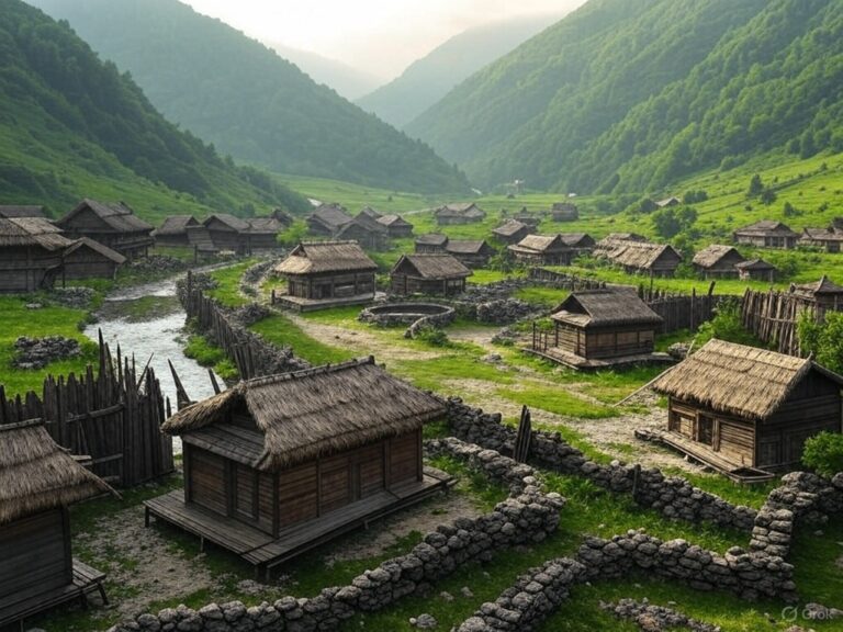 wooden, straw-roofed buildings in a mountain valley with a stream flowing through