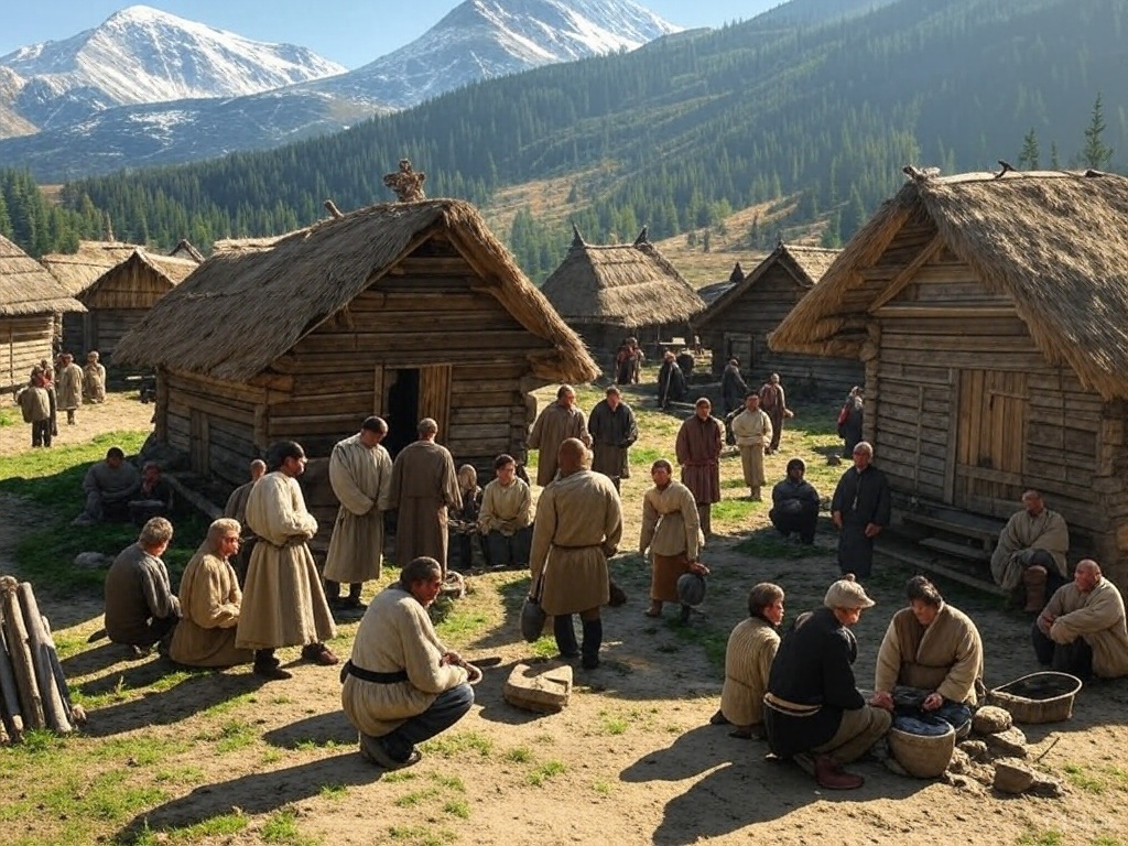 people in a small mountain village with thatched roofed huts