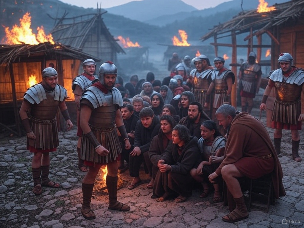 village burning, villagers gathered being guarded by roman soldiers