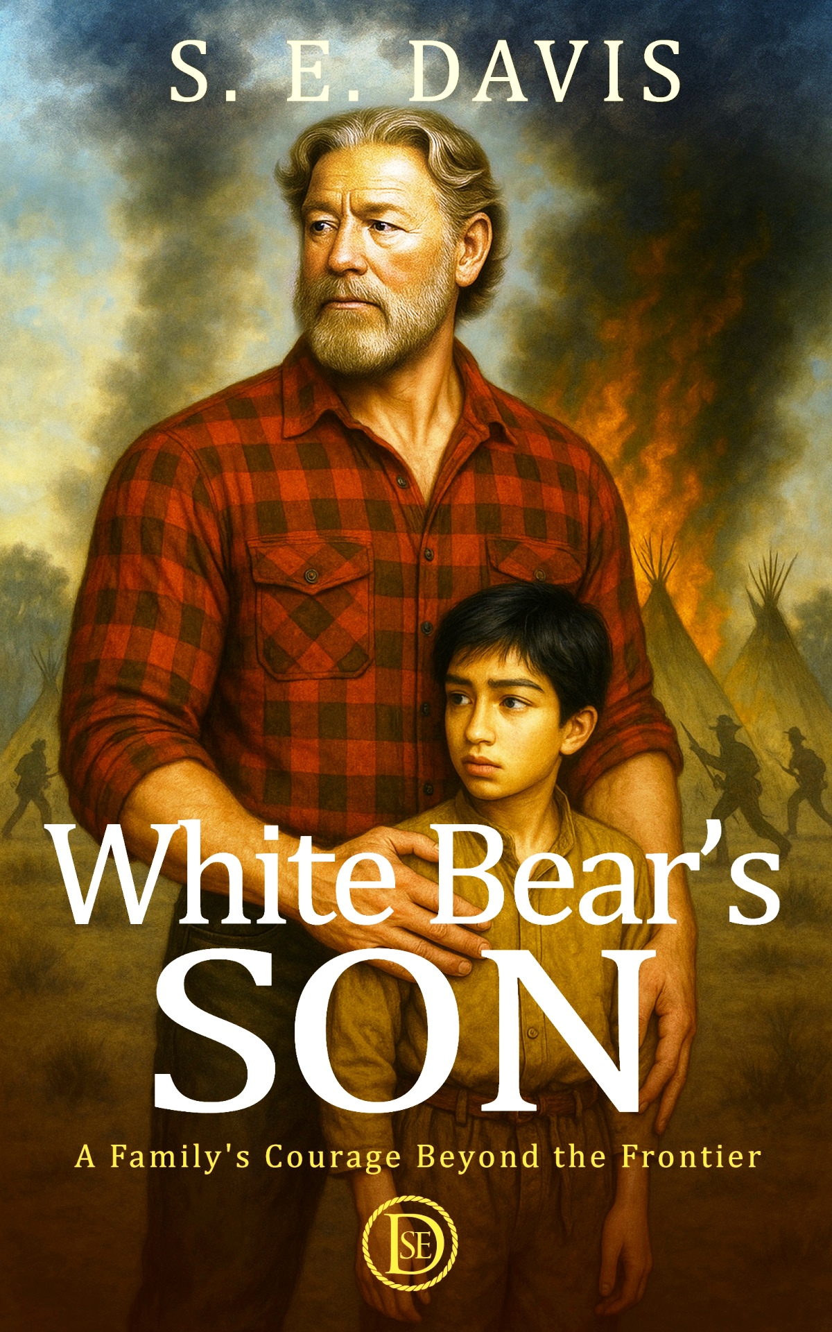 foreground large blonde-haired man hands protectively on a Native American boy's shoulders while a village burns in the background.